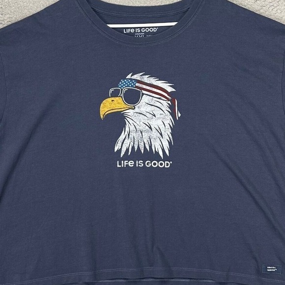 Life Is‎ Good T-Shirt Womens 2XL Crusher Blue Cropped Top Bald Eagle Tee Ladies - Picture 1 of 8
